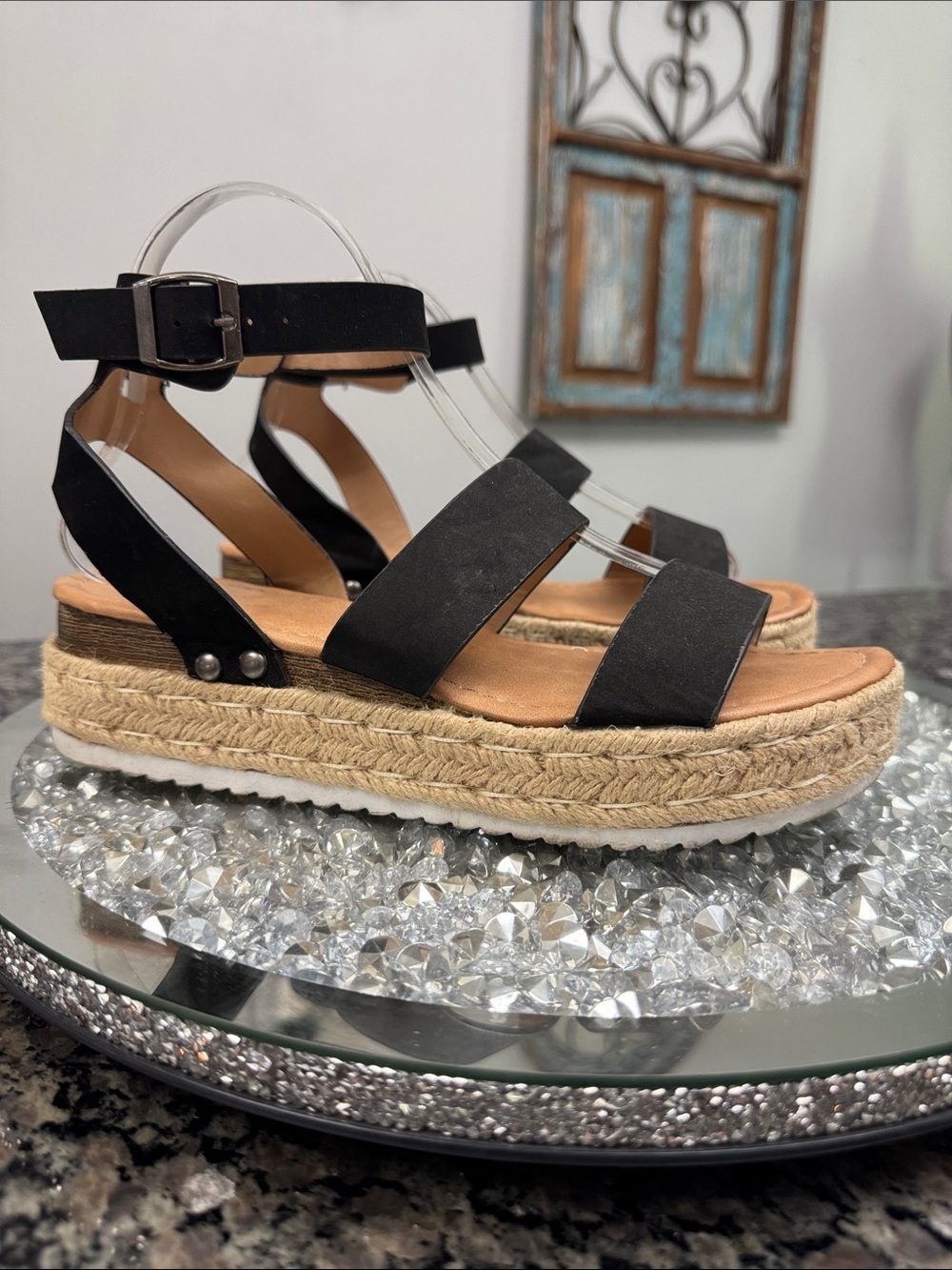 Black Platform Espadrille Sandals with Ankle Strap EUC 8.5